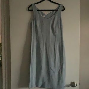 Sleeveless light blue linen blend dress.